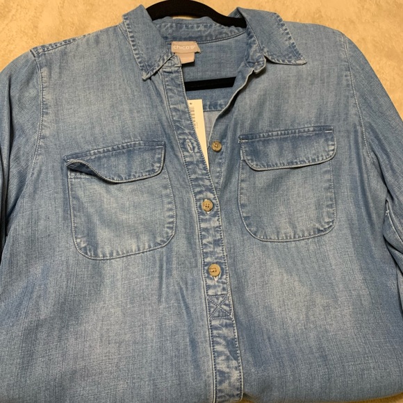 Chico’s Half Button Denim Blouse with Roll Sleeves - Picture 16 of 16